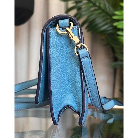 Tory Burch Blue Leather Serif Crossbody Bag With Gold Hardware & Logo Design - Picture 2 of 8